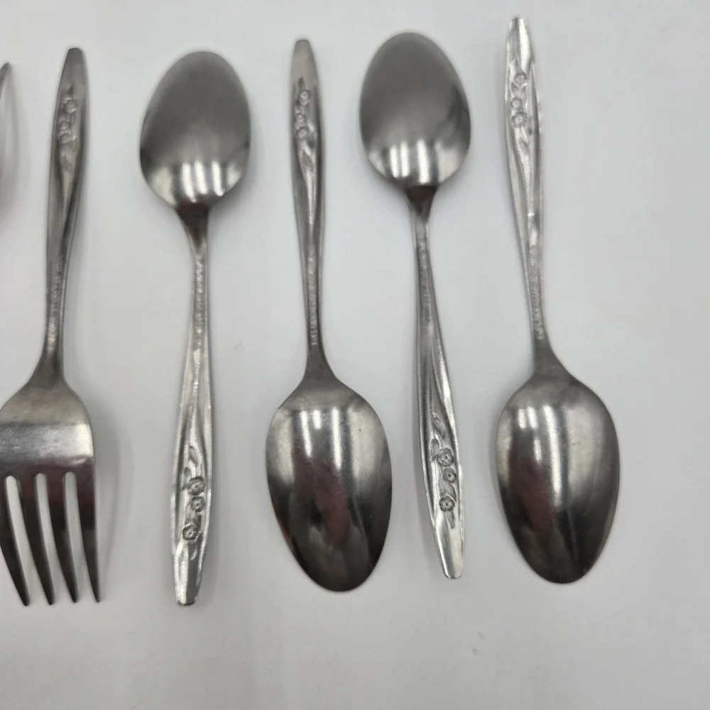 Vtg Radiant‎ Rose Floral Stainless Steel Spoon and Fork Set 8 Piece